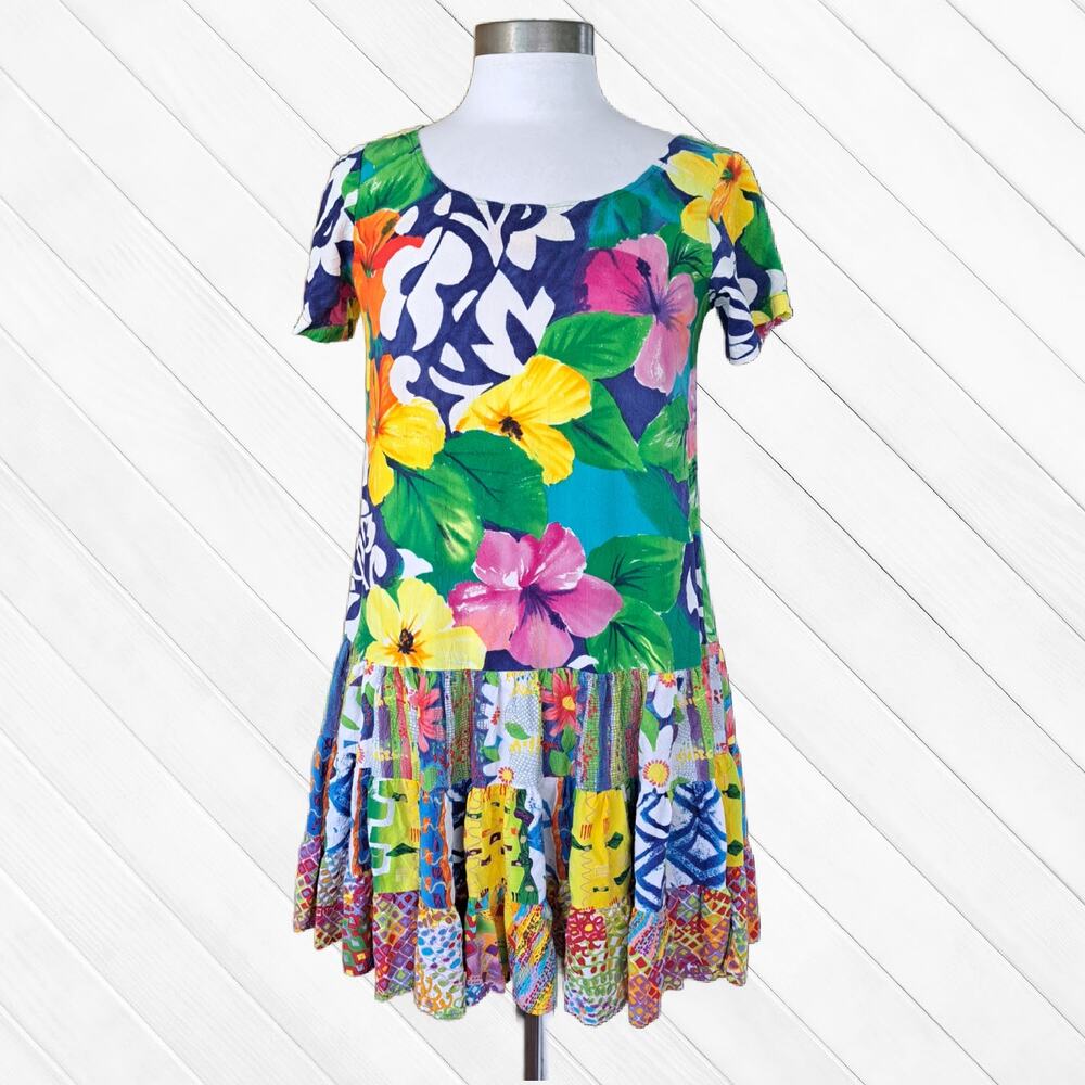 JAMS WORLD Hattie Mini Dress Size Small Vintage Tropical Floral Hawaiian Print
